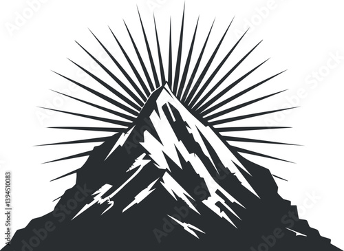Stylized mountain silhouette with sunburst, featuring bold black and white contrast illustration.