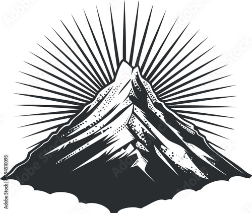 Illustration of a mountain silhouette with sunburst rays in a bold black and white design.