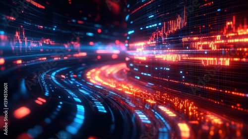 A vibrant, abstract digital landscape featuring flowing lines of blue and red light, resembling data streams and technology visualizations.