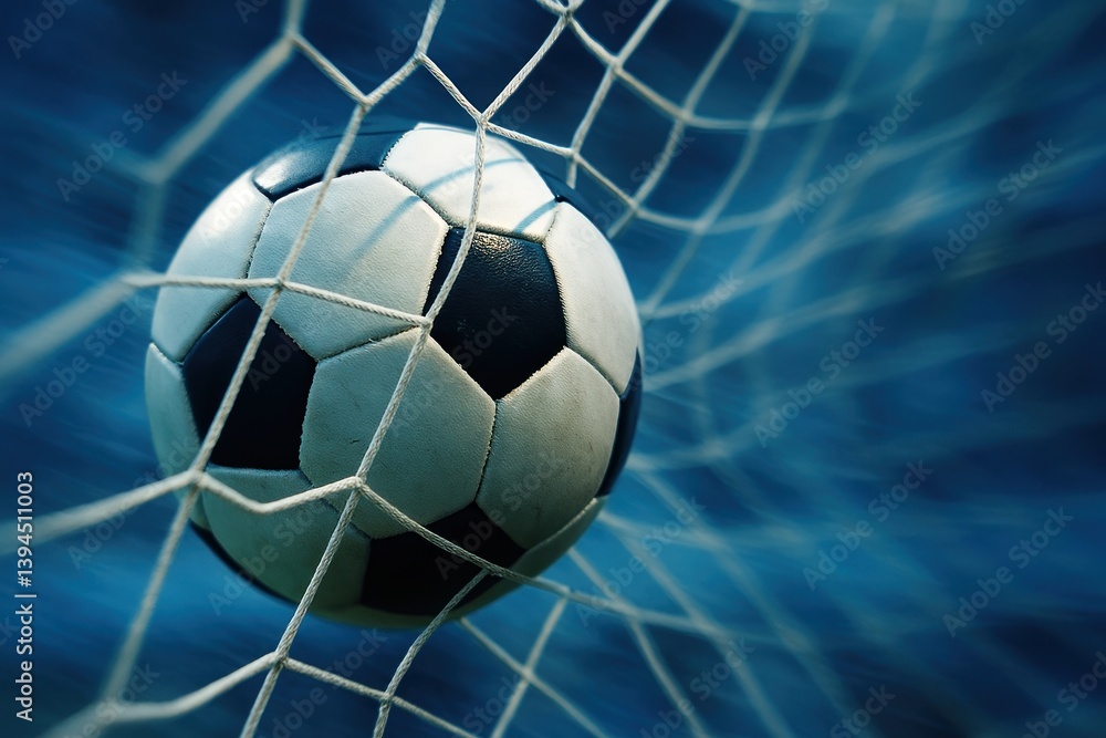 Naklejka premium Soccer ball hitting goal net.