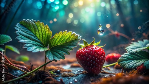 Obraz na płótnie A Delicate Wild Strawberry in the Heart of a LowLight Forest CloseUp Photography Captures Natures Beauty w salonie