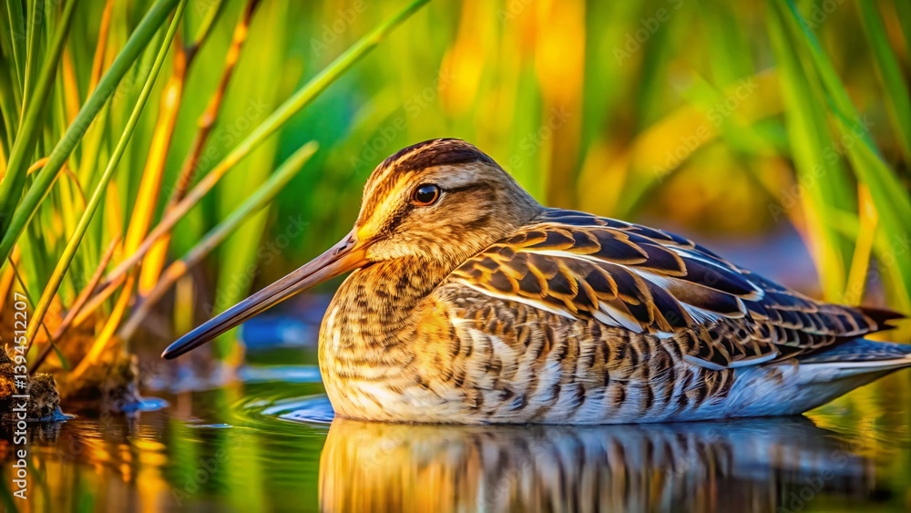 A Wilsons Snipe Napping by the Lakeside Candid Wildlife Photography Capture of a Moment of Tranquility