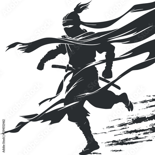 Silhouette of a ninja running with a sword, showcasing dynamic movement and mystery.