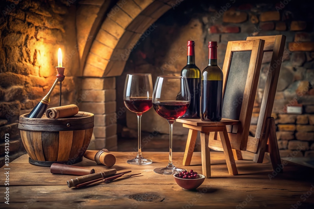 Elegant Red Wine Cellar Still Life Easel Glasses and Bottles Showcase the Art of Wine Appreciation