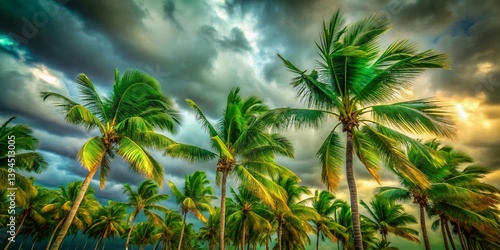 Obraz na płótnie Dramatic LowAngle Panning Shot of Windswept Palm Trees on a Cloudy Day A Study in Coastal Serenity and w salonie