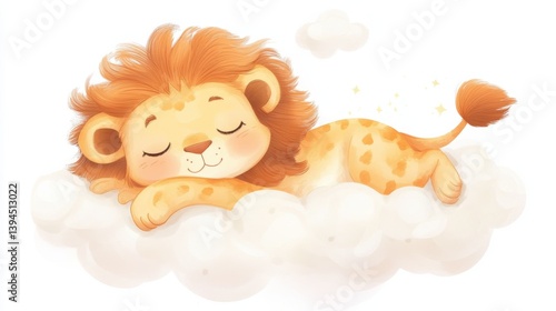 A charming stock image featuring a cartoon lion sleeping peacefully on a cloud. The image conveys a sense of tranquility, innocence, and the sweetness of dreams.