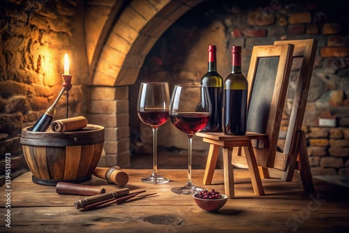 Obraz na płótnie Elegant Red Wine Cellar Still Life Easel Glasses and Bottles Showcase the Art of Wine Appreciation w salonie