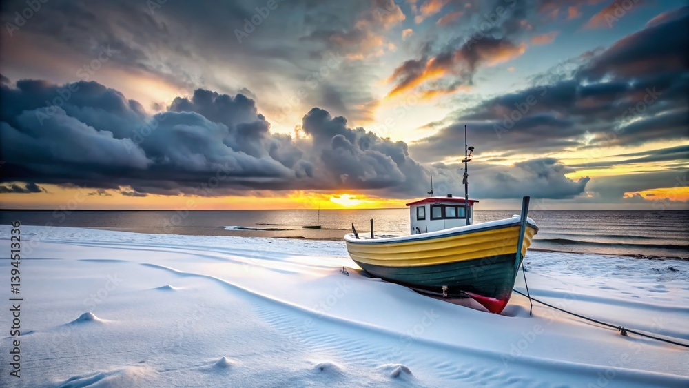 Baltic Sea Winter Fishing A Frozen Coastal Scene of a Traditional Fishing Boat Amidst SnowCovered Shores