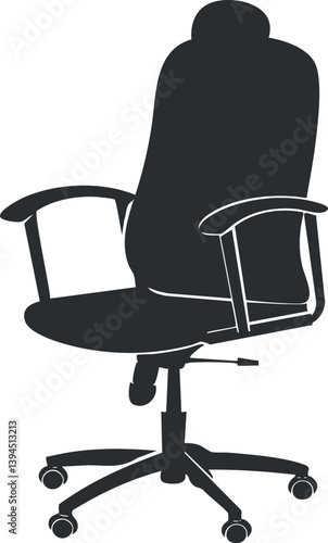 Silhouette of a black swivel office chair with wheels and armrests for workspace design.
