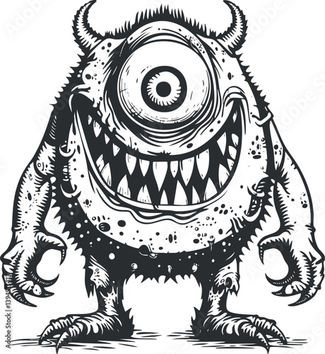 Black and white illustration of a one-eyed monster with horns, sharp teeth, and a mischievous grin.