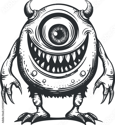Black and white illustration of a grinning cyclops monster with horns and sharp teeth.