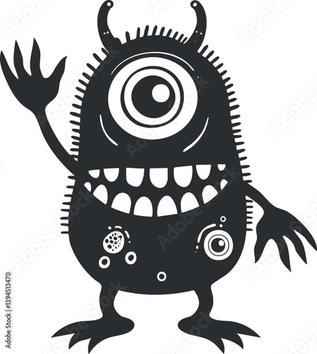Black and white cartoon monster illustration with one eye and a playful expression.