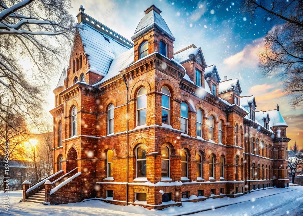 Stunning Double Exposure A Winter Wonderland Embraces a Brick Building in a Breathtaking Snowy Landscape