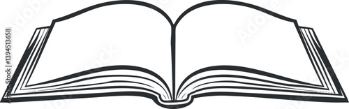 Black and white outline illustration of an open book with visible pages.