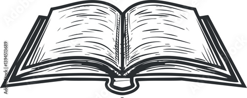 Black and white illustration of an open book with visible pages, symbolizing knowledge and literature.