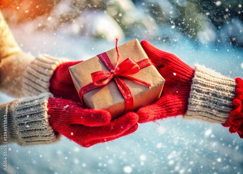 Closeup of Red Gift Package Held in Hands in Winter Snow A Festive Winter Scene Capturing the Spirit