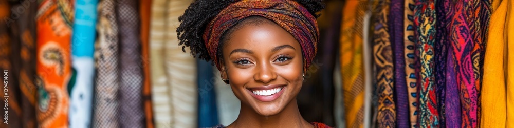 Fototapeta premium Smiling Young Woman with Colorful Headwrap Surrounded by Vibrant African Print Fabrics