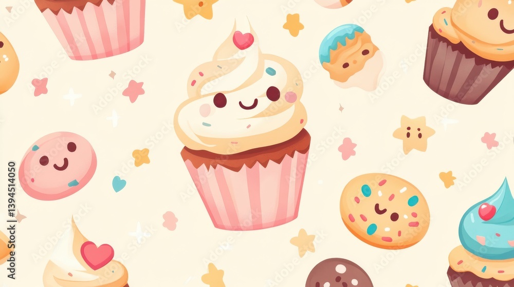 A delightful stock image featuring a seamless pattern of strawberry cupcakes and other sweet treats. The image conveys a sense of joy, sweetness, and the charm of cartoon illustrations. A delightful stock image featuring a seamless pattern of strawberry cupcakes and other sweet treats. The image conveys a sense of joy, sweetness, and the charm of cartoon illustrations.