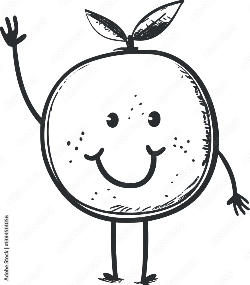 Playful hand-drawn illustration of a smiling orange with arms and legs, featuring two leaves. Playful hand-drawn illustration of a smiling orange with arms and legs, featuring two leaves.