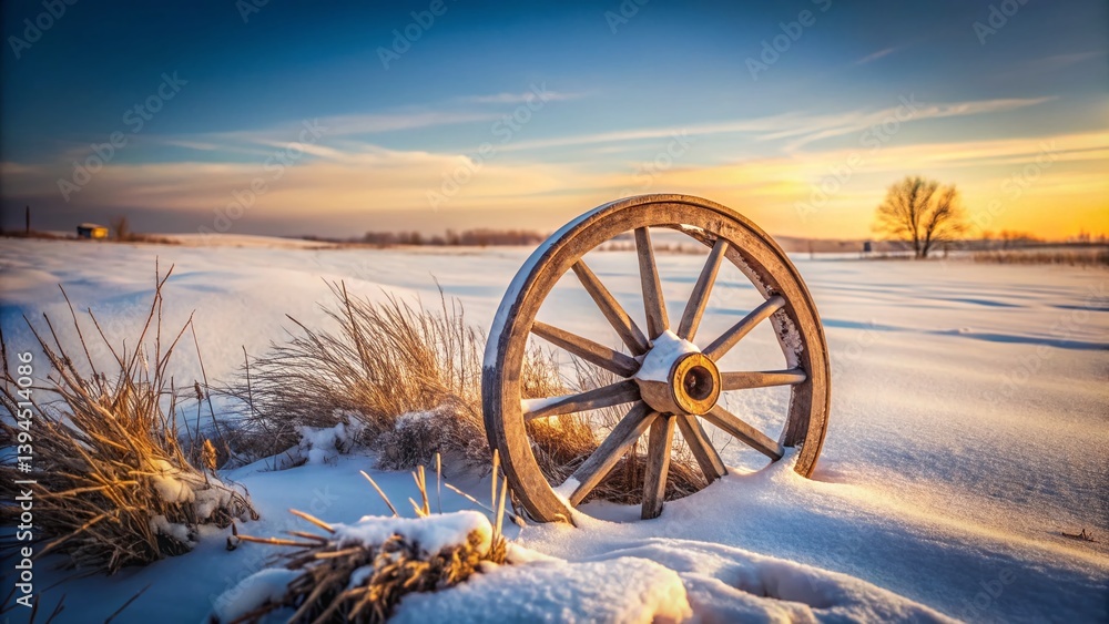 Isolated Covered Wagon Wheel in a Pristine Snowy Winter Landscape A Tranquil Scene of Natures Solitude