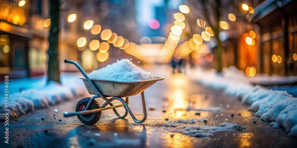 Tilted Perspective of a Winter Sidewalk Scene Deicing Salt in a Wheelbarrow Captured with Artistic TiltShift