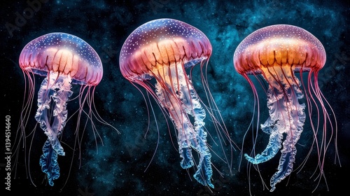 Three Pixelated Jellyfish in a Cosmic Nebula
