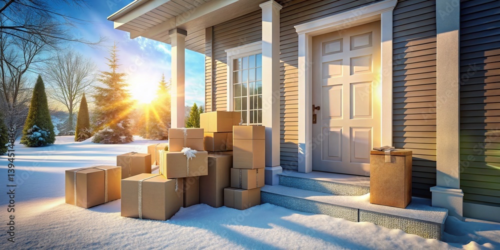 Sunny Winter Porch Scene with Parcel Boxes Cozy Exterior Detail of a Home