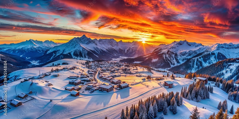 Breathtaking Aerial View of Chaillol Ski Resort at Winter Sunset French Alps Ecrins National Park