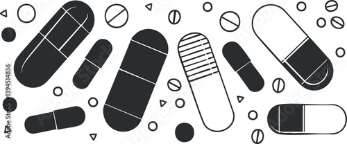 Seamless black and white pattern of pills and capsules for medical and pharmaceutical themes.
