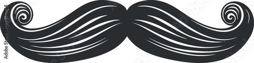Black and white stylized handlebar mustache vector illustration with curled tips.
