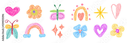 Set of flower, rainbow, heart, and butterfly drawn with crayon or chalk texture