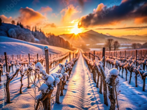 Obraz na płótnie Frozen Vineyard in Winter A Stunning Landscape of Frosty Grape Vines and Sparkling Bokeh w salonie