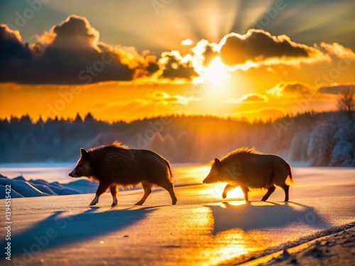 Silhouette of Two Wild Boars on a Snowy Roadside A Winter Wildlife Encounter