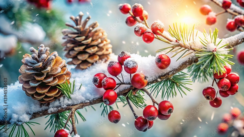 Enchanting Winter Wonderland Snowy Branches with Festive Berries a Frosted Forest Scene of Hope and Joy