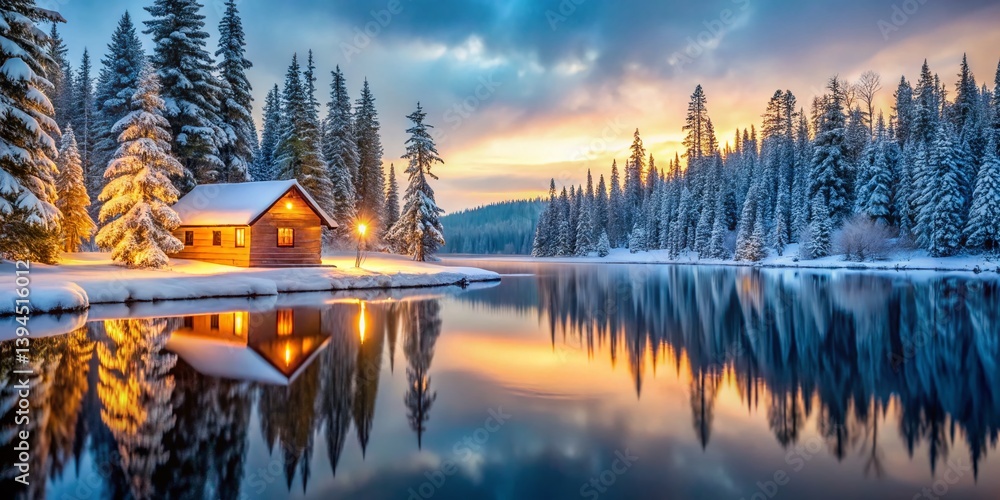 A Serene Winter Wonderland Cozy Cabin Nestled Beside a Frozen Lake SnowCovered Trees and Enchanting Scenery