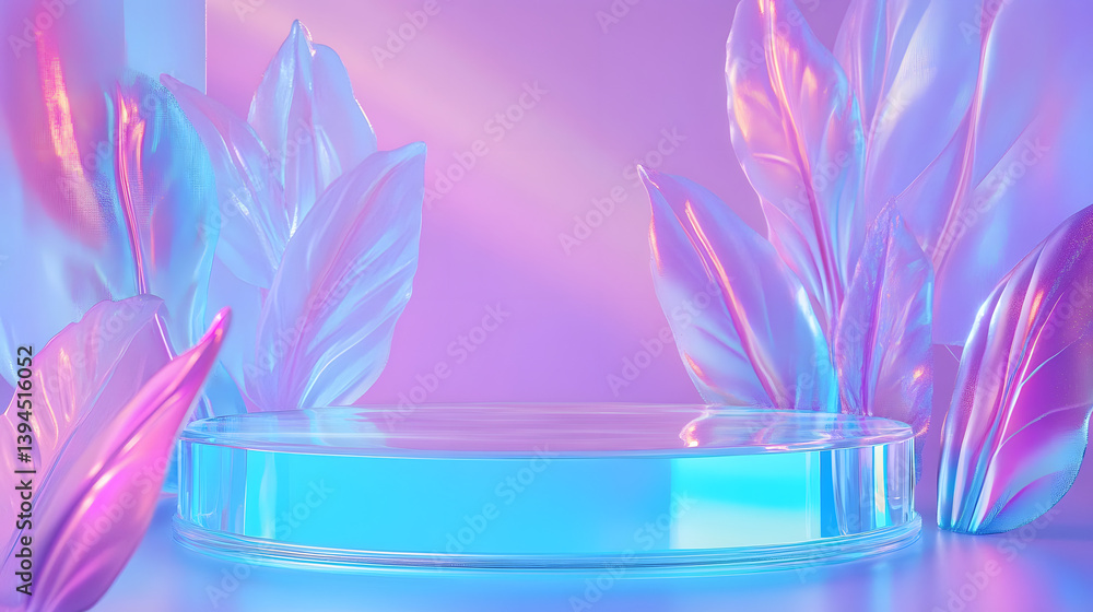 Futuristic concept with glass podium and iridescent leaves Futuristic concept with glass podium and iridescent leaves