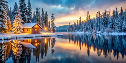 Obraz na płótnie A Serene Winter Wonderland Cozy Cabin Nestled Beside a Frozen Lake SnowCovered Trees and Enchanting Scenery w salonie