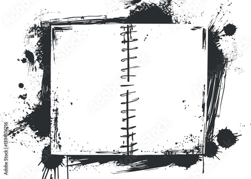 Open sketchbook with ink splatters and grunge border, ideal for creative design projects.