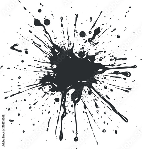 Black ink splash with abstract splatter design, creating a chaotic and dynamic visual effect.