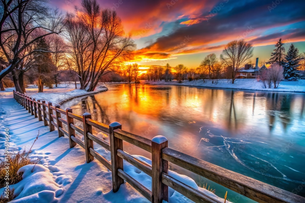 Enchanting Winter Wonderland Park Sunset over Frozen Pond with Wooden Railings A Breathtaking Scene Captured at Dusk