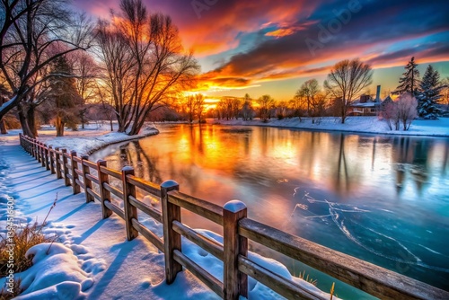 Obraz na płótnie Enchanting Winter Wonderland Park Sunset over Frozen Pond with Wooden Railings A Breathtaking Scene Captured at Dusk w salonie