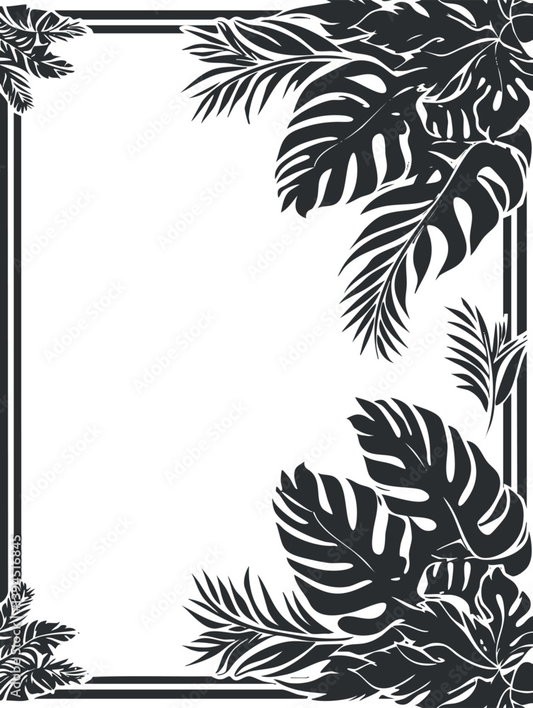 Elegant black and white frame with tropical monstera leaves for decorative design purposes. Elegant black and white frame with tropical monstera leaves for decorative design purposes.