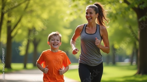 Mother and son running together in a park. Fitness, family, healthy family lifestyle
