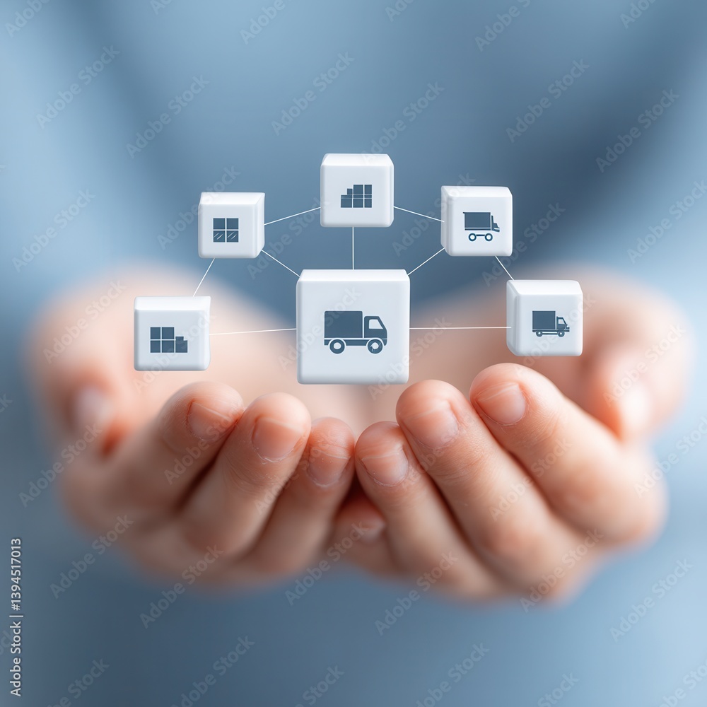 A person holds a digital representation of logistics, showcasing interconnected delivery and inventory icons for efficient supply chain management. A person holds a digital representation of logistics, showcasing interconnected delivery and inventory icons for efficient supply chain management.