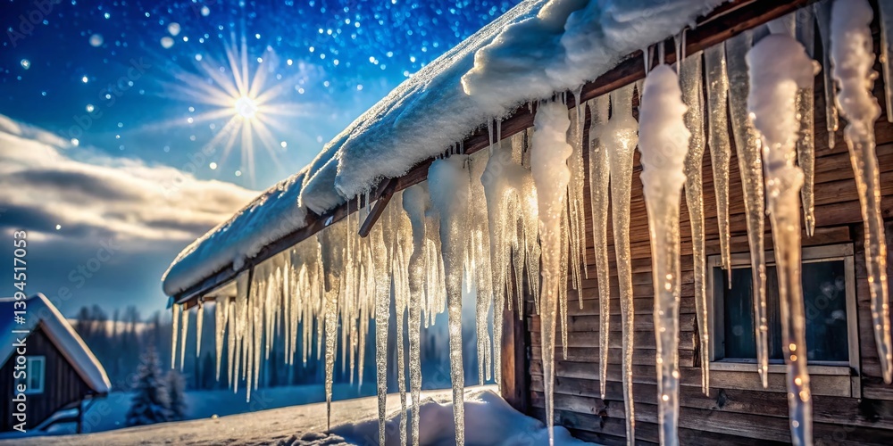A Winter Wonderland Long Exposure Photography Captures Intricate Icicles Draped Over a SnowCovered Roof