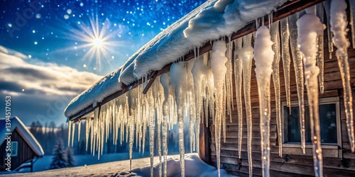 Obraz na płótnie A Winter Wonderland Long Exposure Photography Captures Intricate Icicles Draped Over a SnowCovered Roof w salonie