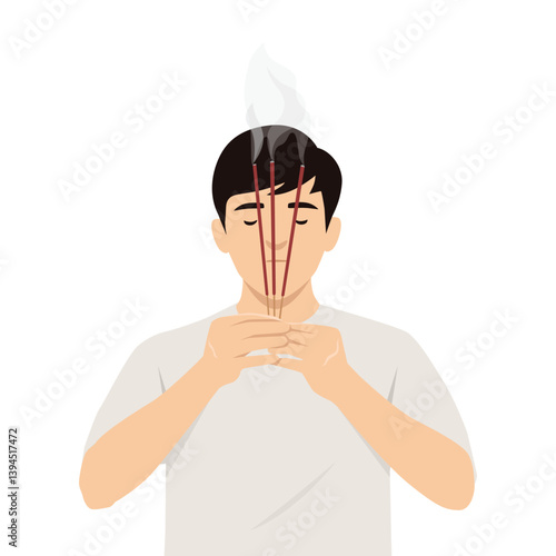 Man holds burning incense sticks with closed eyes, immersed in a quiet and respectful act of prayer. Flat vector illustration isolated on white background