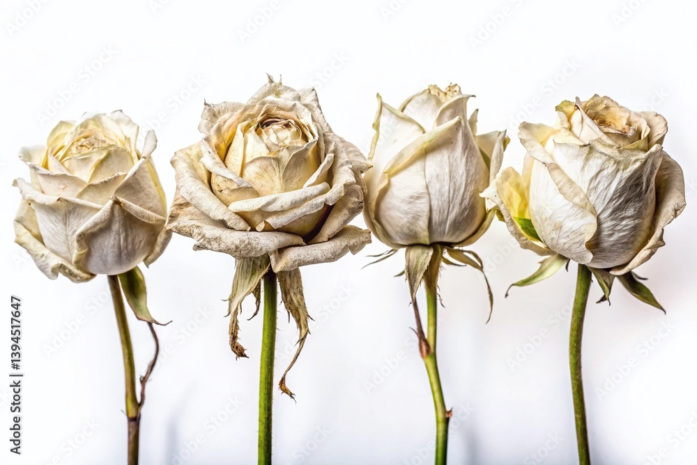 Delicate Withering White Roses Macro Photography Captures the Subtle Beauty of Five Fading Blooms