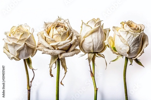 Obraz na płótnie Delicate Withering White Roses Macro Photography Captures the Subtle Beauty of Five Fading Blooms w salonie