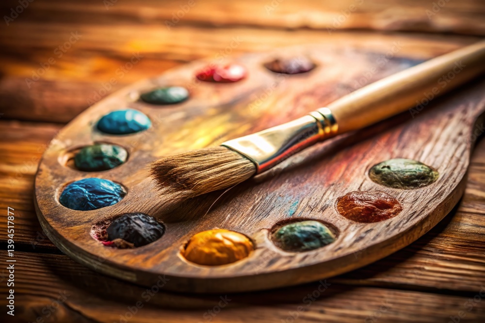 Artistic Wooden Palette and Paintbrush A Detailed Closeup for Inspiration and Creativity